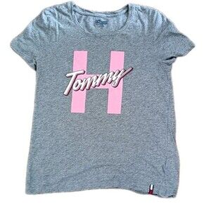 Tommy Hilfiger Denim T-Shirt Puff Print Tommy Script Logo Size Small Gray Pink